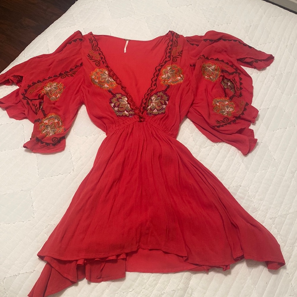Free People Cora Coral Embroidered Mini Dress